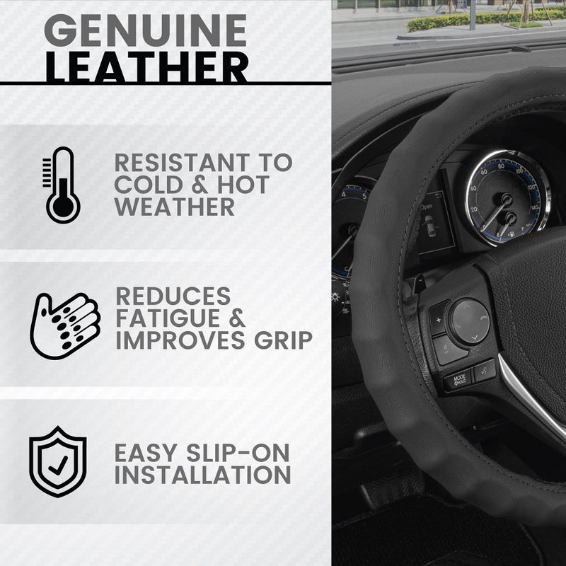 BDK Genuine Black Leather Steering Wheel Cover for Car, Large 15.5-16 inch â€“ Ergonomic Comfort Grip for Men & Women, Car Steering Wheel Cover for Vehicles with Large Steering Wheels - Image 2